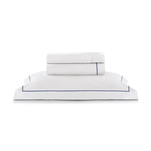 Jogo Roupa de Cama Solteiro 300 Fios Friso Azul Marinho Perola